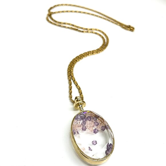 VINTAGE SHAKER NECKLACE GOLD TONE CRYSTAL OVAL PENDANT LONG SNAIL LINK CHAIN - Picture 1 of 12